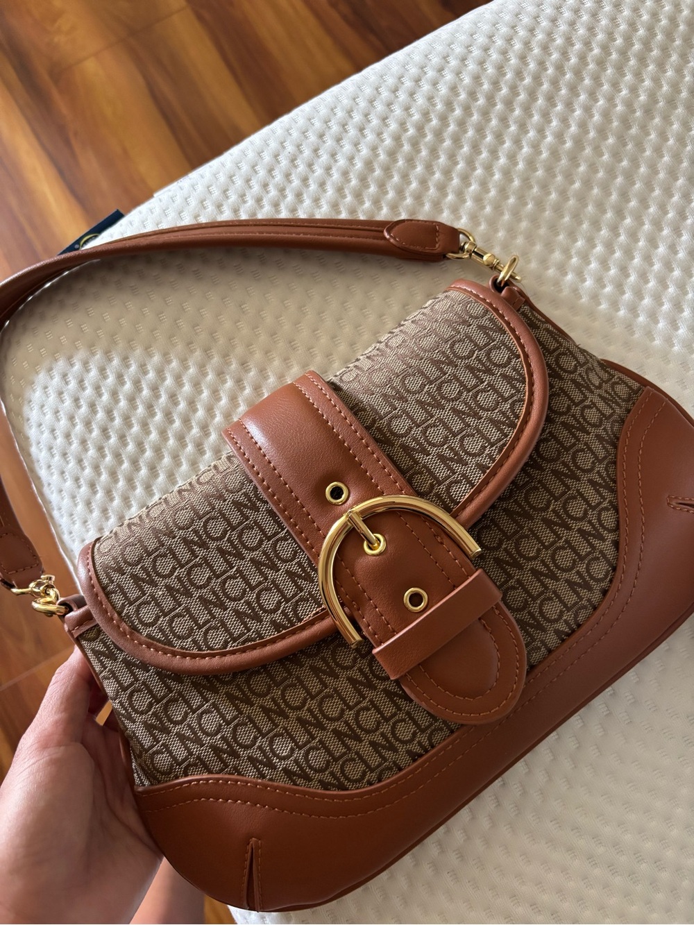 Brown Monogram Shoulder Bag with Gold Buckle